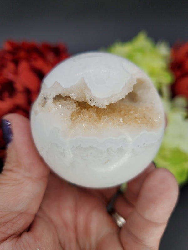 White Snow Plume Agate Sphere