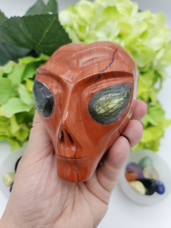 Poppy Jasper with Quartz Alien Skull