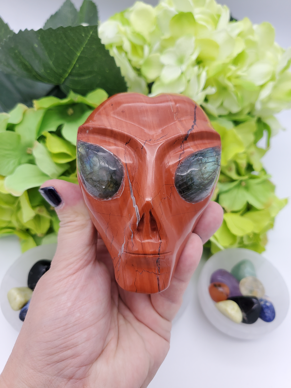 Poppy Jasper with Quartz Alien Skull